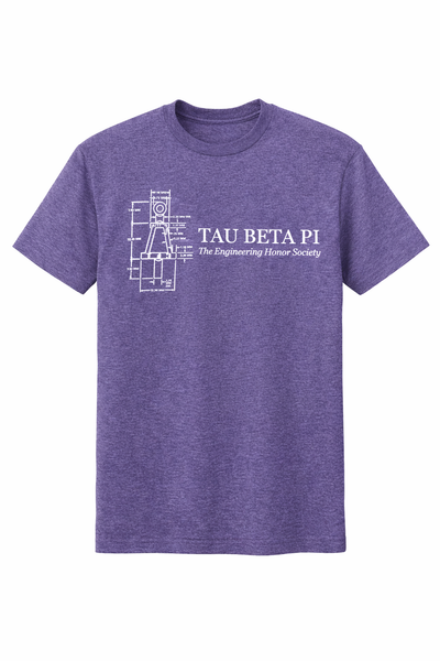 Purple t-shirt with Tau Beta Pi engineering honor society logo on a white background