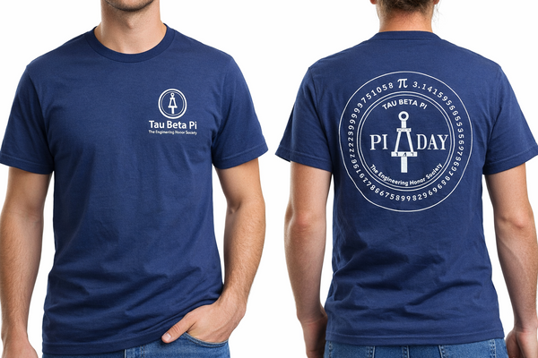 Navy blue t-shirt with Tau Beta Pi engineering honor society logo on front and PI DAY text and design on back.